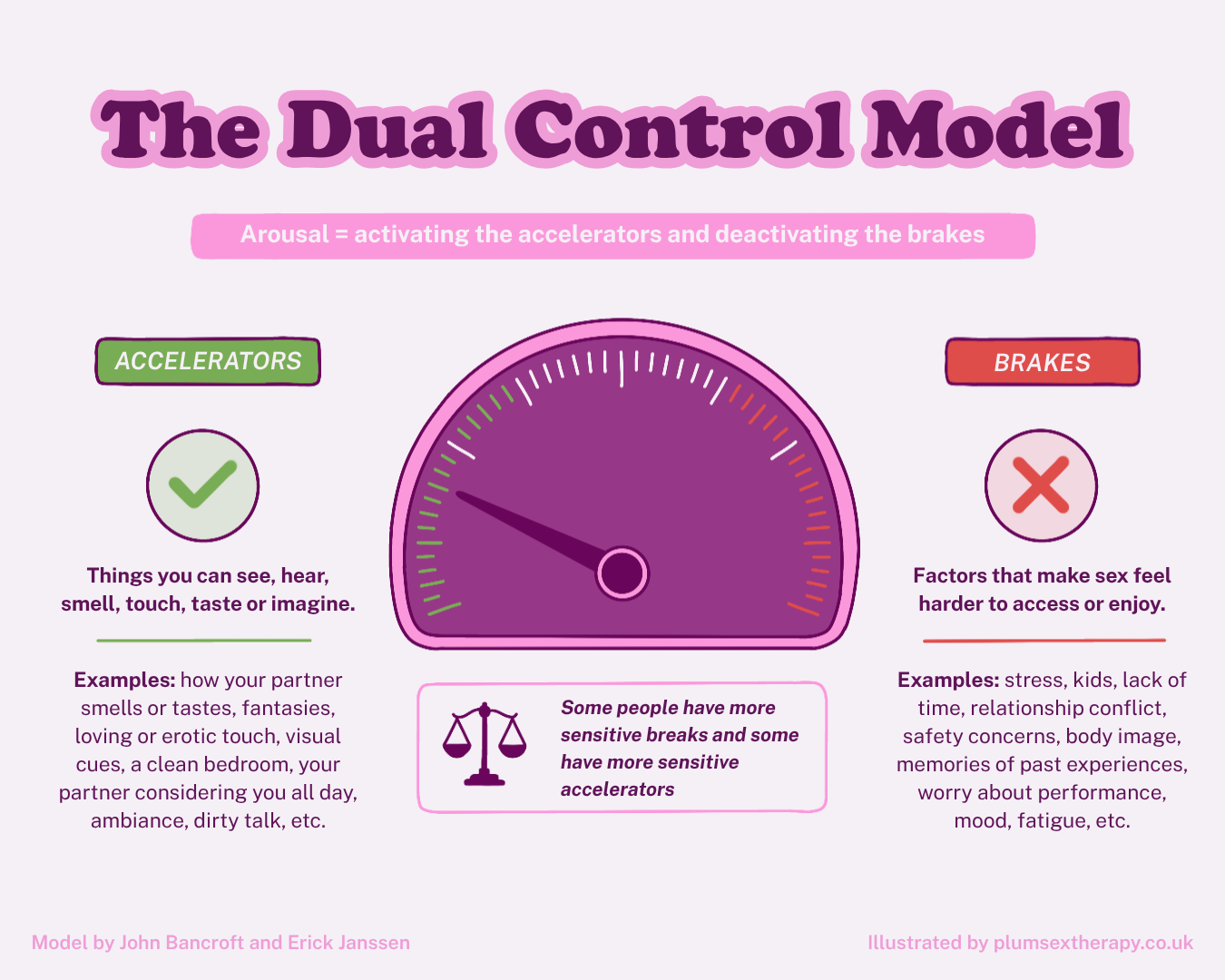 Dual control model diagram: one sexual accelerator and two brakes, performance worries and context, determining arousal